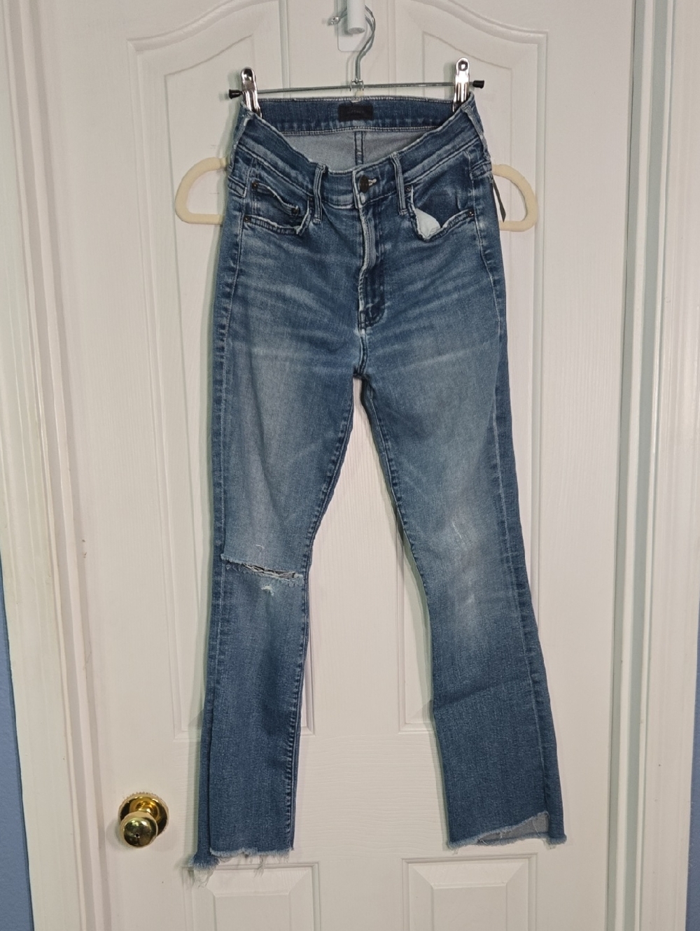 MOTHER Blue Distressed Straight-Leg Jeans